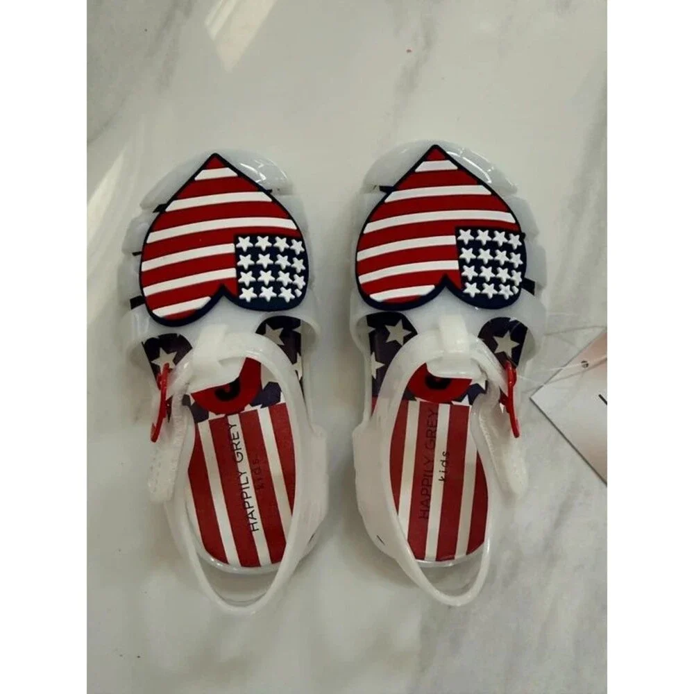 Happily Grey Kids White Jelly Sandals USA Flag Heart Size 6 NWT